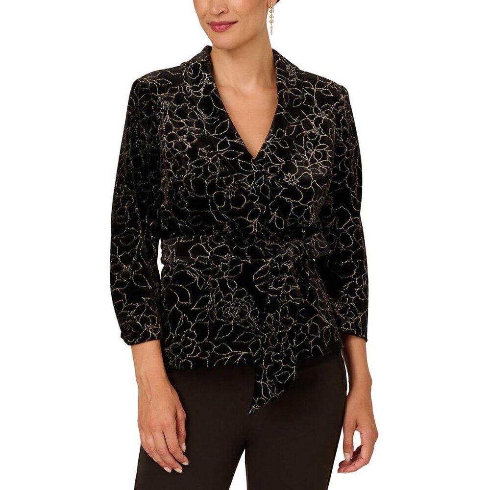NWT Adrianna Papell Womens Black Glitter Embroidered Velvet 3/4 Sleeve Top